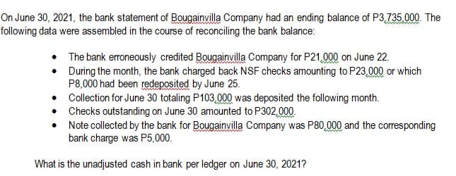 On June 30, 2021, the bank statement of Bougainvilla Company had an ending balance of P3,735.000. The
following data were assembled in the course of reconciling the bank balance:
The bank erroneously credited Bougainvilla Company for P21,000 on June 22.
• During the month, the bank charged back NSF checks amounting to P23,000 or which
P8,000 had been redeposited by June 25.
Collection for June 30 totaling P103.000 was deposited the following month.
Checks outstanding on June 30 amounted to P302,000.
Note collected by the bank for Bougainvilla Company was P80.000 and the corresponding
bank charge was P5,000.
What is the unadjusted cash in bank per ledger on June 30, 2021?
