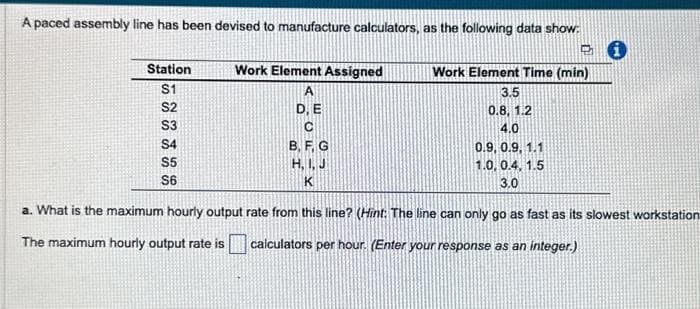 A paced assembly line has been devised to manufacture calculators, as the following data show:
Station
S1
S2
S3
S4
S5
S6
Work Element Assigned
A
D, E
C
B, F. G
H, I, J
K
Work Element Time (min)
3.5
0.8, 1.2
4.0
0.9, 0.9, 1.1
1.0, 0.4, 1.5
3.0
i
a. What is the maximum hourly output rate from this line? (Hint: The line can only go as fast as its slowest workstation
The maximum hourly output rate is
calculators per hour. (Enter your response as an integer.)