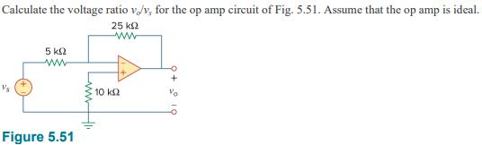 Calculate the voltage ratio v/v, for the op amp circuit of Fig. 5.51. Assume that the op amp is ideal.
25 ΚΩ
5 ΚΩ
wwww
Figure 5.51
ww
10 ΚΩ
+
%
