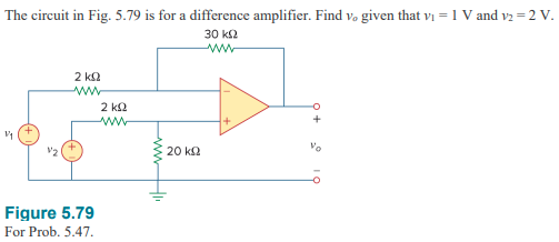 The circuit in Fig. 5.79 is for a difference amplifier. Find vo given that vi = 1 V and v = 2 V.
30 ΚΩ
Μ
να
2 ΚΩ
Figure 5.79
For Prob. 5.47.
Μ
2 ΚΩ
20 ΚΩ