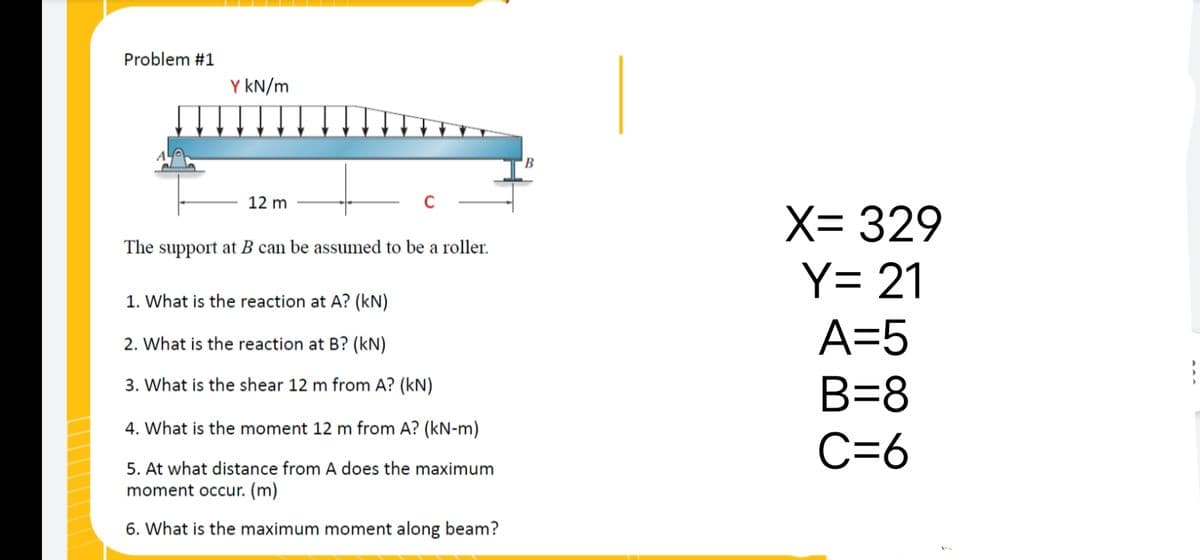 Problem #1
Y kN/m
12 m
The support at B can be assumed to be a roller.
1. What is the reaction at A? (kN)
2. What is the reaction at B? (kN)
3. What is the shear 12 m from A? (kN)
4. What is the moment 12 m from A? (kN-m)
5. At what distance from A does the maximum
moment occur. (m)
6. What is the maximum moment along beam?
B
X= 329
Y= 21
A=5
B=8
C=6