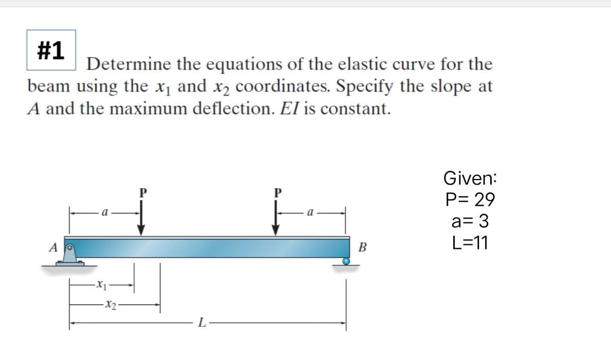 #1
Determine the equations of the elastic curve for the
beam using the x₁ and x₂ coordinates. Specify the slope at
A and the maximum deflection. El is constant.
A
L
P
B
Given:
P= 29
a = 3
L=11