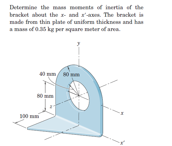 Determine the mass moments of inertia of the
bracket about the x- and x'-axes. The bracket is
made from thin plate of uniform thickness and has
a mass of 0.35 kg per square meter of area.
40 mm 80 mm
80 mm
y
100 mm
x
-x²
