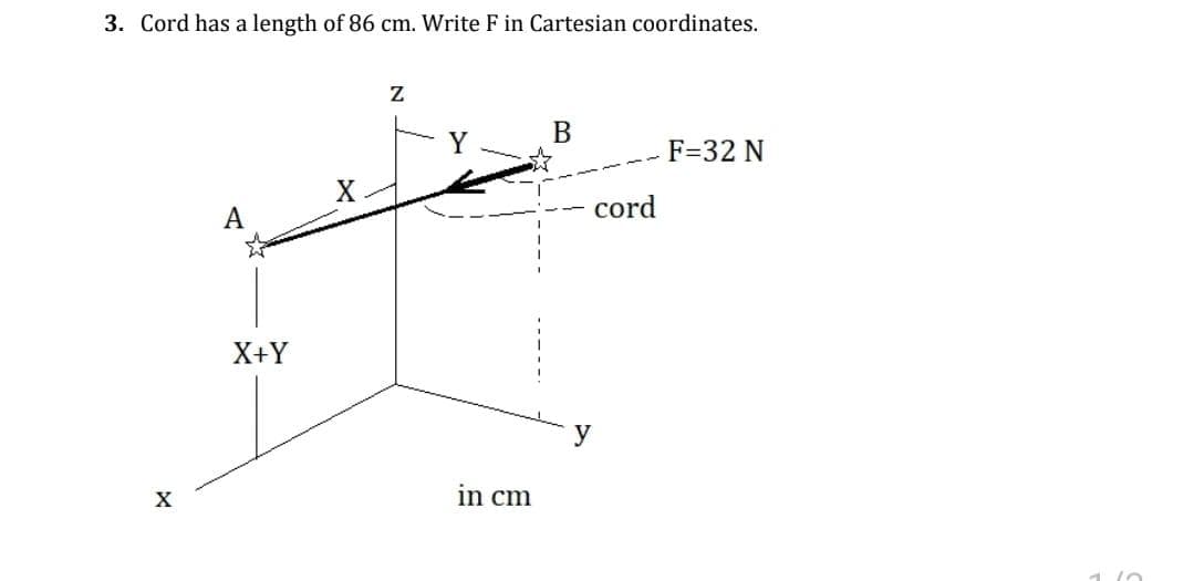3. Cord has a length of 86 cm. Write F in Cartesian coordinates.
X
A
X+Y
X
Z
in cm
B
cord
F=32 N