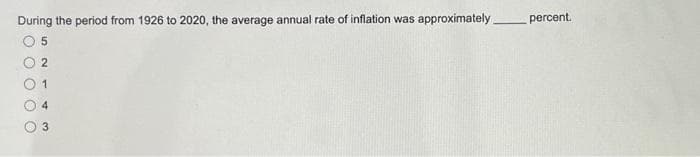 During the period from 1926 to 2020, the average annual rate of inflation was approximately percent.
5
2