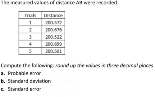 The measured values of distance AB were recorded.
Trials
Distance
1
200.572
200.676
3
200.522
4
200.699
5
200.501
Compute the following: round up the values in three decimal places
a. Probable error
b. Standard deviation
c. Standard error
