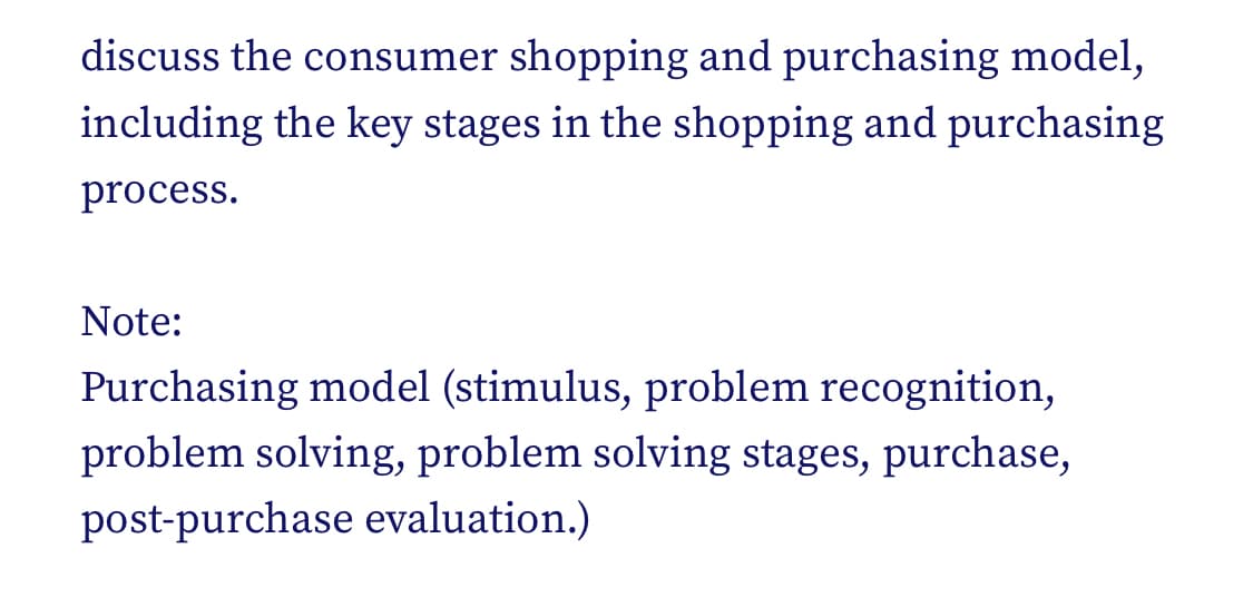 discuss the consumer shopping and purchasing model,
including the key stages in the shopping and purchasing
process.
Note:
Purchasing model (stimulus, problem recognition,
problem solving, problem solving stages, purchase,
post-purchase evaluation.)
