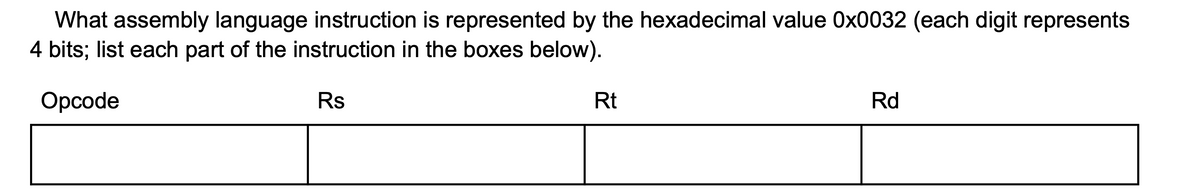 What assembly language instruction is represented by the hexadecimal value 0x0032 (each digit represents
4 bits; list each part of the instruction in the boxes below).
Opcode
Rs
Rt
Rd