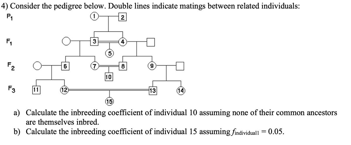 4) Consider the pedigree below. Double lines indicate matings between related individuals:
P1
2
F1
3
F2
6
8
10
F3
11
(12
13
(14
15
a) Calculate the inbreeding coefficient of individual 10 assuming none of their common ancestors
are themselves inbred.
b) Calculate the inbreeding coefficient of individual 15 assuming findividuall = 0.05.
