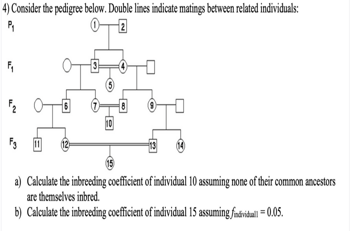 4) Consider the pedigree below. Double lines indicate matings between related individuals:
2
F,
3
8
(9)
10
11
13
(14)
(15)
a) Calculate the inbreeding coefficient of individual 10 assuming none of their common ancestors
are themselves inbred.
b) Calculate the inbreeding coefficient of individual 15 assuming findividul = 0.05.
