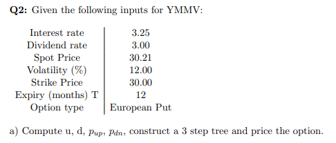 Q2: Given the following inputs for YMMV:
Interest rate
3.25
Dividend rate
3.00
Spot Price
Volatility (%)
30.21
12.00
Strike Price
30.00
Expiry (months) T
Option type
12
European Put
a) Compute u, d, Pup; Pdn, Construct a 3 step tree and price the option.
