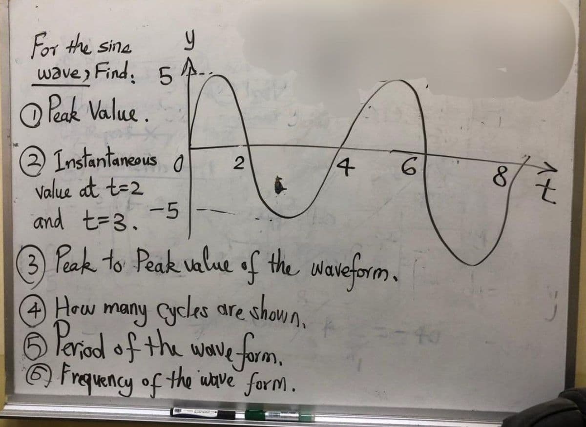 y
For the sine
wave, Find: 5.
Peak Value.
Instantaneous
value at t=2
and t=3.
A Ag
2
4 6
8
-5
3) Peak to Peak value of the waveform.
4 How many cycles are shown.
5 Period of the wave form.
Frequency of the wave form.