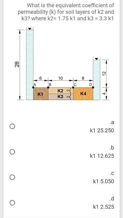 What is the equivalent coefficient of
permeability (k) for soil layers of k2 and
k3? where k2= 1.75 k1 and k3 = 3.3 k1
10
8
IB
K2 N
K3 N
K1
K4
.a
k1 25.250
.b
k1 12.625
.C
k1 5.050
.d
k1 2.525
28
12
4.

