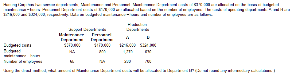 Hanung Corp has two service departments, Maintenance and Personnel. Maintenance Department costs of $370,000 are allocated on the basis of budgeted
maintenance-hours. Personnel Department costs of $170,000 are allocated based on the number of employees. The costs of operating departments A and B are
$216,000 and $324,000, respectively. Data on budgeted maintenance - hours and number of employees are as follows:
Budgeted costs
Budgeted
maintenance - hours
Number of employees
Support Departments
Maintenance Personnel
Department
Production
Departments
Department
$370,000
ΝΑ
A
$170,000 $216,000 $324,000
800
1,270
630
B
65
ΝΑ
280
700
Using the direct method, what amount of Maintenance Department costs will be allocated to Department B? (Do not round any intermediary calculations.)