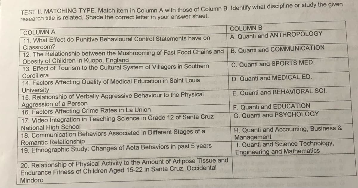 TEST II. MATCHING TYPE. Match item in Column A with those of Column B. Identify what discipline or study the given
research title is related. Shade the correct letter in your answer sheet.
COLUMN A
11. What Effect do Punitive Behavioural Control Statements have on
COLUMN B
A. Quanti and ANTHROPOLOGY
Classroom?
12. The Relationship between the Mushrooming of Fast Food Chains and B. Quanti and COMMUNICATION
Obesity of Children in Kuopo, England
13. Effect of Tourism to the Cultural System of Villagers in Southern
Cordillera
14. Factors Affecting Quality of Medical Education in Saint Louis
University
15. Relationship of Verbally Aggressive Behaviour to the Physical
Aggression of a Person
16. Factors Affecting Crime Rates in La Union
17. Video Integration in Teaching Science in Grade 12 of Santa Cruz
National High School
18. Communication Behaviors Associated in Different Stages of a
Romantic Relationship
19. Ethnographic Study: Changes of Aeta Behaviors in past 5 years
C. Quanti and SPORTS MED.
D. Quanti and MEDICAL ED.
E. Quanti and BEHAVIORAL SCI.
F. Quanti and EDUCATION
G. Quanti and PSYCHOLOGY
H. Quanti and Accounting, Business &
Mana
1. Quanti and Science Technology,
Engineering and Mathematics
ement
20. Relationship of Physical Activity to the Amount of Adipose Tissue and
Endurance Fitness of Children Aged 15-22 in Santa Cruz, Occidental
Mindoro
