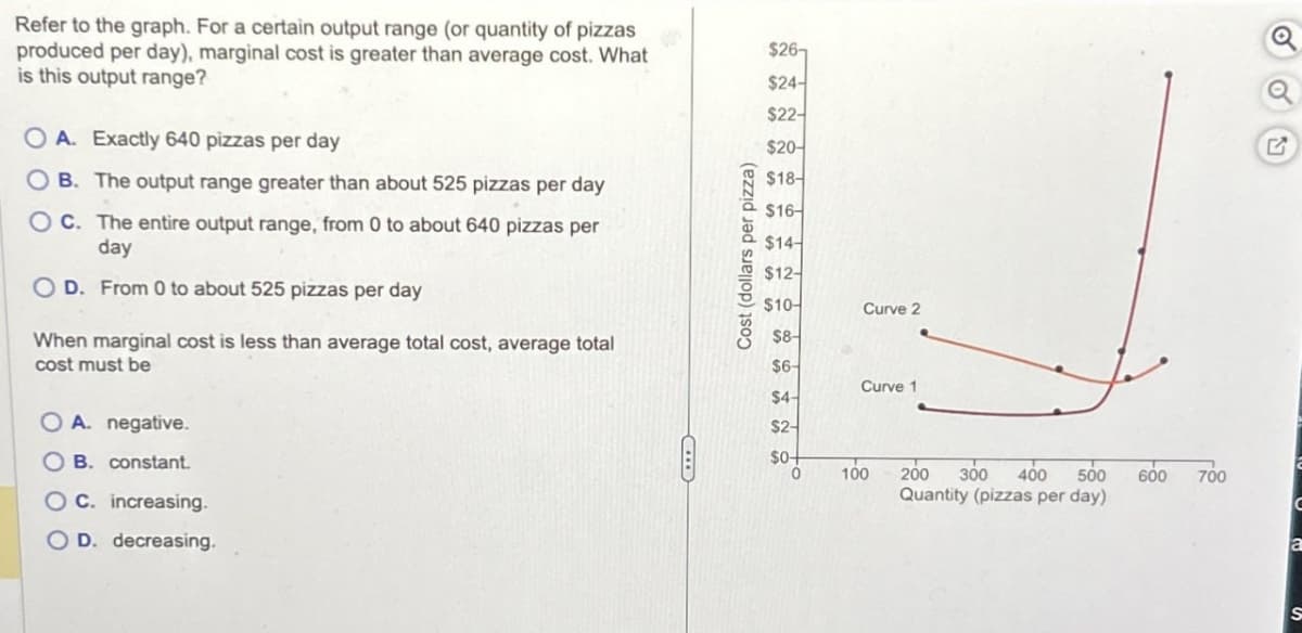 Refer to the graph. For a certain output range (or quantity of pizzas
produced per day), marginal cost is greater than average cost. What
is this output range?
$26-
$24-
$22-
OA. Exactly 640 pizzas per day
$20-
G
OB. The output range greater than about 525 pizzas per day
OC. The entire output range, from 0 to about 640 pizzas per
day
OD. From 0 to about 525 pizzas per day
When marginal cost is less than average total cost, average total
cost must be
OA. negative.
OB. constant.
OC. increasing.
OD. decreasing.
Cost (dollars per pizza)
$18-
$16-
$14-
$12-
$10-
Curve 2
$8-
$6
Curve 1
$4
$2
$0+
0
100
200
300 400 500
Quantity (pizzas per day)
600
700
C
a
S