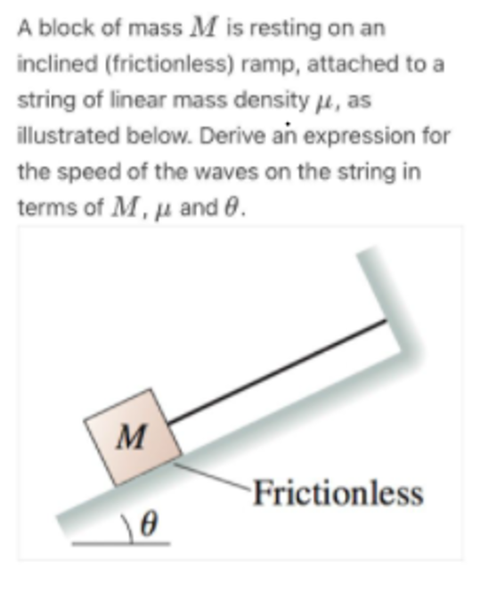 A block of mass M is resting on an
inclined (frictionless) ramp, attached to a
string of linear mass density μ, as
illustrated below. Derive an expression for
the speed of the waves on the string in
terms of M, μ and 0.
M
0
Frictionless