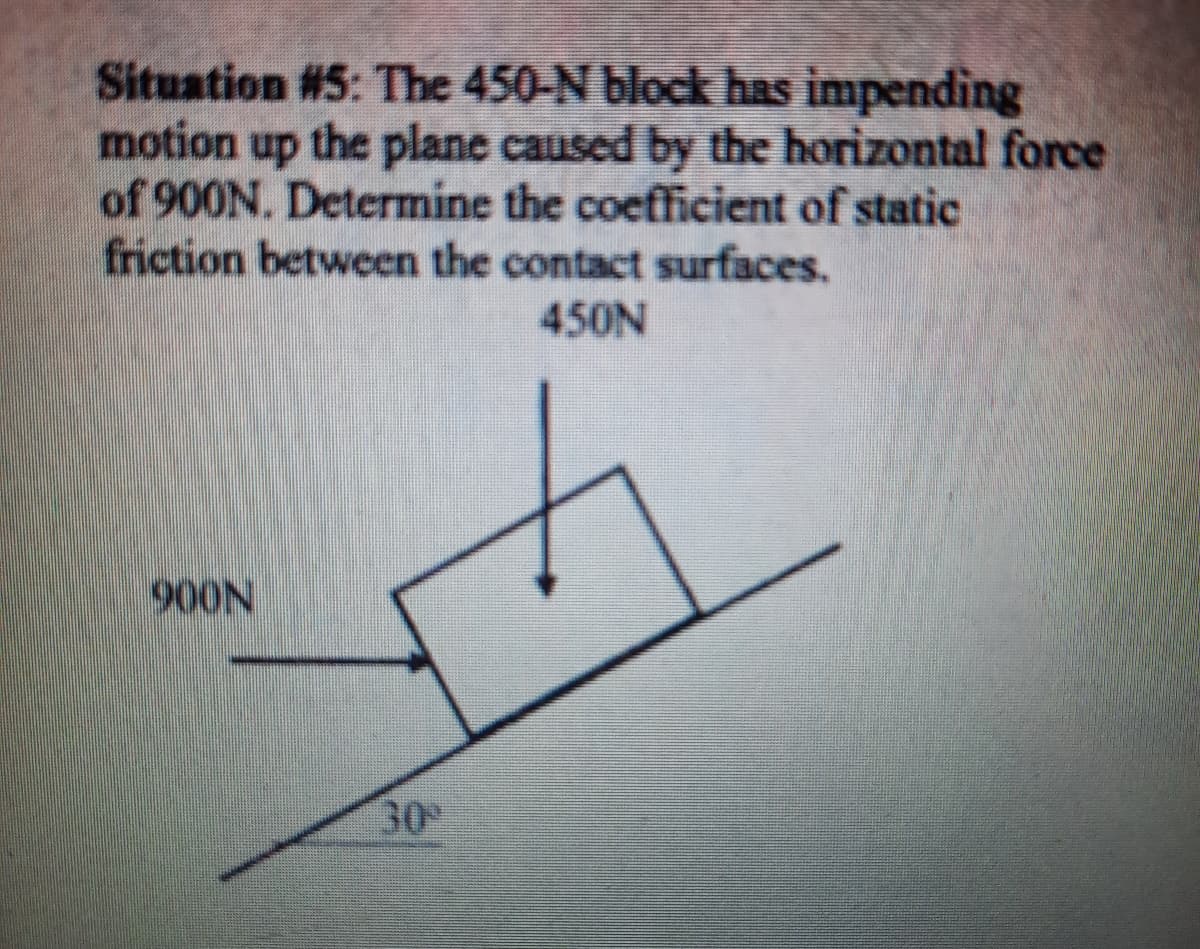Situation #5: The 450-N block has impending
motion
of 900N. Determine the coefficient of static
friction between the contact surfaces.
up
the plane caused by the horizontal force
450N
900N
30
