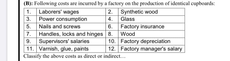 (B): Following costs are incurred by a factory on the production of identical cupboards:
Laborers' wages
Power consumption
1.
2.
Synthetic wood
3.
4.
Glass
Factory insurance
Wood
5.
Nails and screws
6.
7.
Handles, locks and hinges 8.
Supervisors' salaries
11. Varnish, glue, paints
10. Factory depreciation
12. Factory manager's salary
9.
Classify the above costs as direct or indirect...
