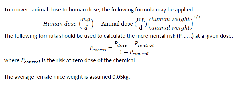 To convert animal dose to human dose, the following formula may be applied:
Human dose (m) = Animal dose
mg (human weight\
animal weight)
2/3
d
The following formula should be used to calculate the incremental risk (Pexcess) at a given dose:
Pdose - Pcontrol
Pexcess
1 - Pcontrol
where Pcontrol is the risk at zero dose of the chemical.
The average female mice weight is assumed 0.05kg.