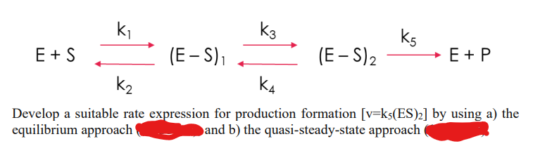 E + S
k₁
(E-S)₁
K3
(E-S) ₂
K5
E+P
K₂
K4
Develop a suitable rate expression for production formation [v=ks(ES)2] by using a) the
equilibrium approach
and b) the quasi-steady-state approach