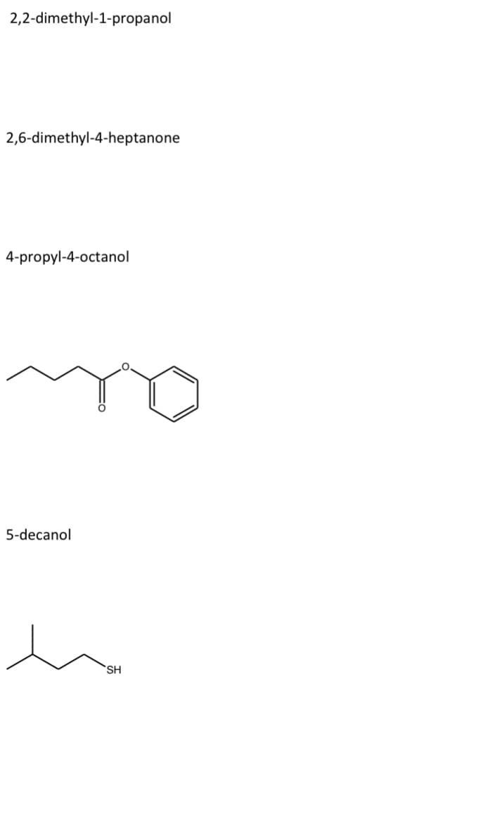 2,2-dimethyl-1-propanol
2,6-dimethyl-4-heptanone
4-propyl-4-octanol
5-decanol
SH
