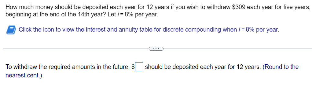 How much money should be deposited each year for 12 years if you wish to withdraw $309 each year for five years,
beginning at the end of the 14th year? Let i = 8% per year.
Click the icon to view the interest and annuity table for discrete compounding when i = 8% per year.
To withdraw the required amounts in the future, $
nearest cent.)
should be deposited each year for 12 years. (Round to the