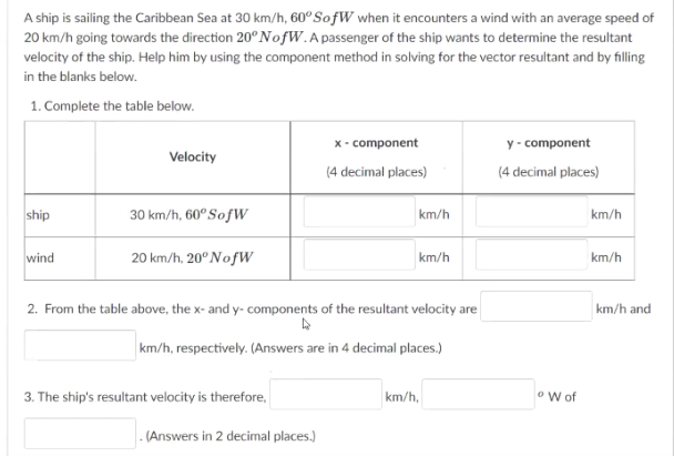 A ship is sailing the Caribbean Sea at 30 km/h, 60° SofW when it encounters a wind with an average speed of
20 km/h going towards the direction 20° NofW.Apassenger of the ship wants to determine the resultant
velocity of the ship. Help him by using the component method in solving for the vector resultant and by filling
in the blanks below.
1. Complete the table below.
x- component
y - component
Velocity
(4 decimal places)
(4 decimal places)
ship
30 km/h, 60°SofW
km/h
km/h
wind
20 km/h, 20°NofW
km/h
km/h
2. From the table above, the x- and y- components of the resultant velocity are
km/h and
km/h, respectively. (Answers are in 4 decimal places.)
3. The ship's resultant velocity is therefore,
km/h,
ow of
. (Answers in 2 decimal places.)
