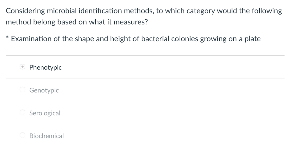 Considering microbial identification methods, to which category would the following
method belong based on what it measures?
* Examination of the shape and height of bacterial colonies growing on a plate
Phenotypic
Genotypic
Serological
Biochemical
