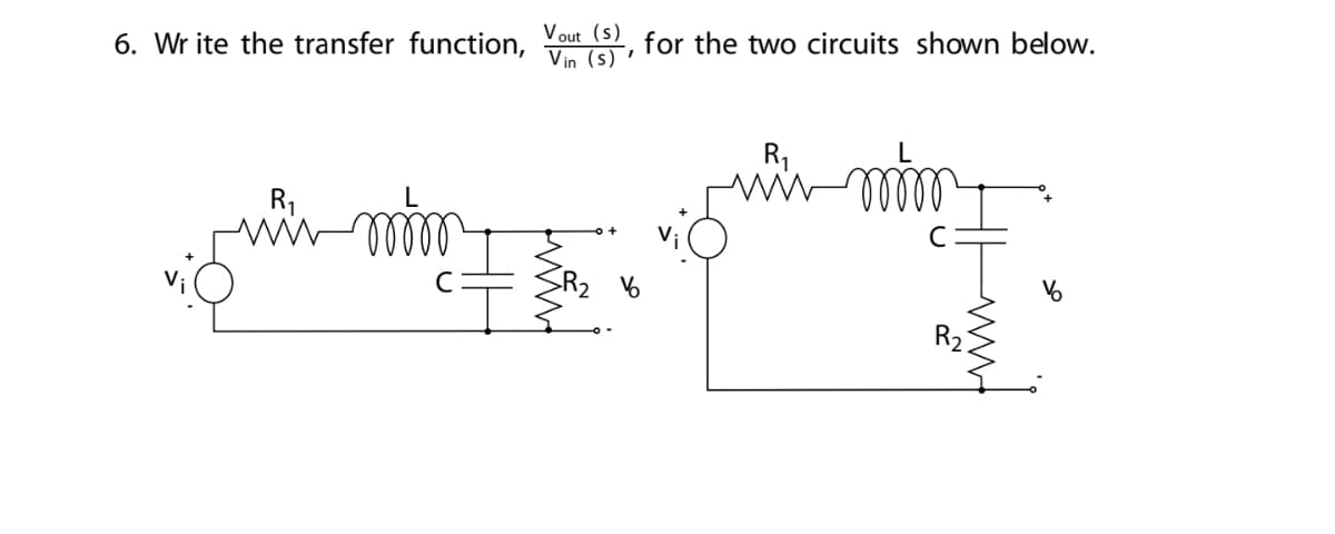 6. Wr ite the transfer function,
Vout (s)
for the two circuits shown below.
Vin (s)
R1
R1
R21
