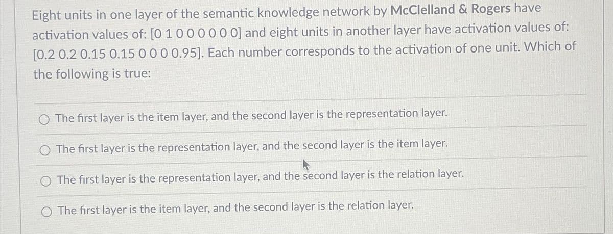 Eight units in one layer of the semantic knowledge network by McClelland & Rogers have
activation values of: [0 1 0 0 0 0 0 0] and eight units in another layer have activation values of:
[0.2 0.2 0.15 0.15 0 0 0 0.95]. Each number corresponds to the activation of one unit. Which of
the following is true:
The first layer is the item layer, and the second layer is the representation layer.
O The first layer is the representation layer, and the second layer is the item layer.
O The first layer is the representation layer, and the second layer is the relation layer.
The first layer is the item layer, and the second layer is the relation layer.