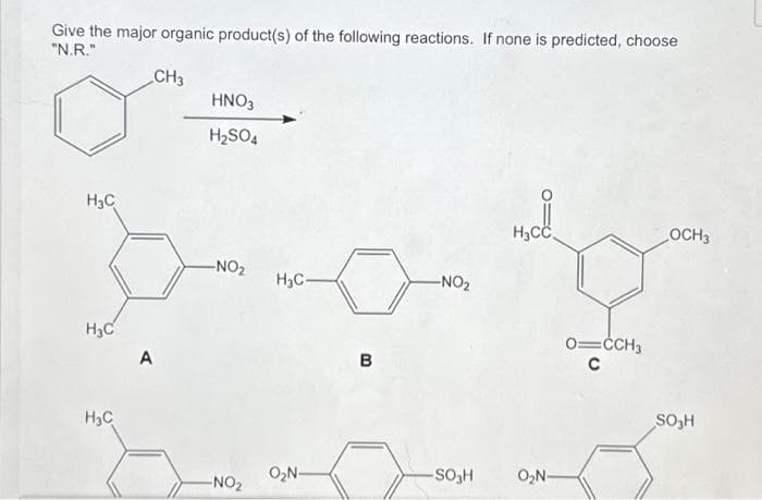 Give the major organic product(s) of the following reactions. If none is predicted, choose
"N.R."
CH3
H₂C
H3C
H₂C
A
HNO3
H₂SO4
-NO₂
-NO₂
H3C-
O₂N-
B
-NO₂
-SO₂H
H₂CC
O₂N-
O=CCH3
с
OCH 3
SO₂H