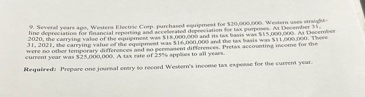 9. Several years ago, Western Electric Corp. purchased equipment for $20,000,000. Western uses straight-
line depreciation for financial reporting and accelerated depreciation for tax purposes. At December 31,
2020, the carrying value of the equipment was $18,000,000 and its tax basis was $15,000,000. At December
31, 2021, the carrying value of the equipment was $16,000,000 and the tax basis was $11,000,000. There
were no other temporary differences and no permanent differences. Pretax accounting income for the
current year was $25,000,000. A tax rate of 25% applies to all years.
Required: Prepare one journal entry to record Western's income tax expense for the current year.