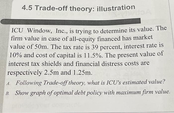 4.5 Trade-off theory: illustration
ICU Window, Inc., is trying to determine its value. The
firm value in case of all-equity financed has market
value of 50m. The tax rate is 39 percent, interest rate is
10% and cost of capital is 11.5%. The present value of
interest tax shields and financial distress costs are
respectively 2.5m and 1.25m.
A. Following Trade-off theory, what is ICU's estimated value?
B. Show graph of optimal debt policy with maximum firm value.