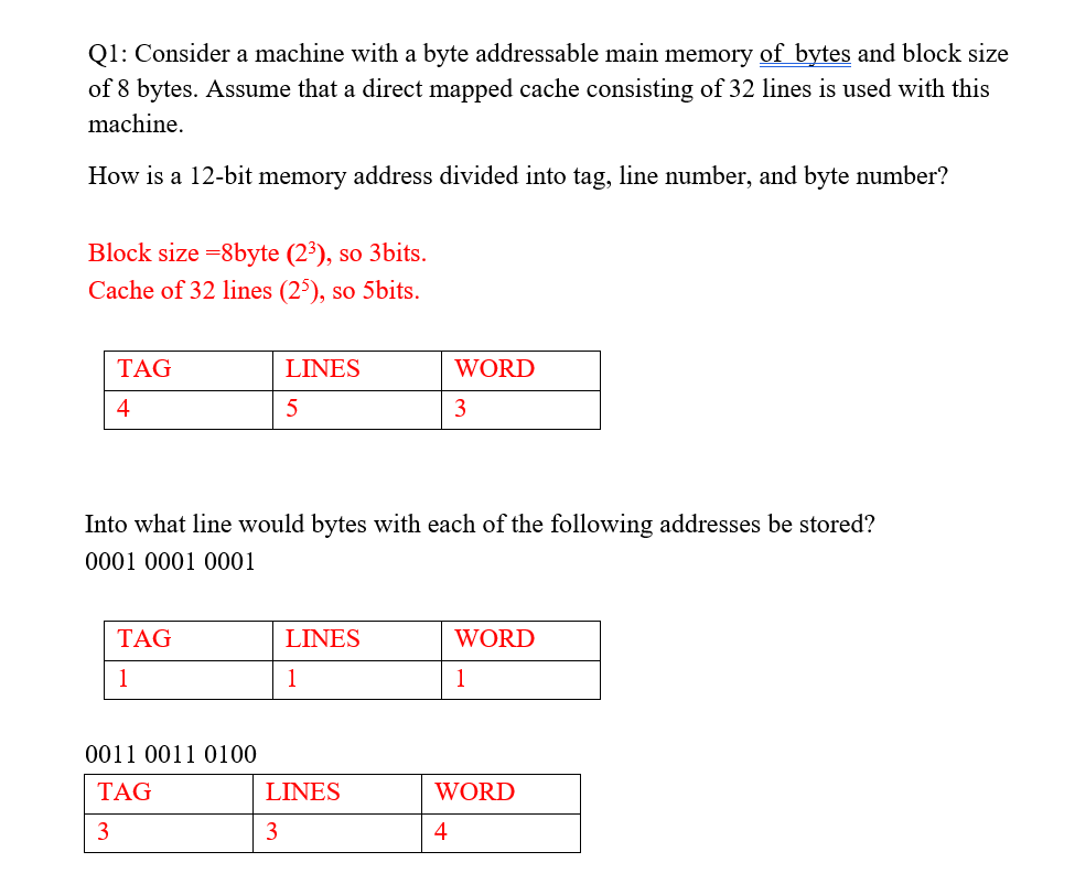 Q1: Consider a machine with a byte addressable main memory of bytes and block size
of 8 bytes. Assume that a direct mapped cache consisting of 32 lines is used with this
machine.
How is a 12-bit memory address divided into tag, line number, and byte number?
Block size =8byte (2³), so 3bits.
Cache of 32 lines (2°), so 5bits.
ТAG
LINES
WORD
4
3
Into what line would bytes with each of the following addresses be stored?
0001 0001 0001
TAG
LINES
WORD
1
1
1
0011 0011 0100
ТAG
LINES
WORD
3
3
4
