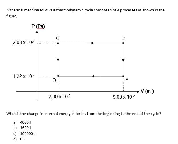 A thermal machine follows a thermodynamic cycle composed of 4 processes as shown in the
figure,
P (Pa)
C
D
2,03 x 105
1,22 x 105
B
A
→V (m³)
7,00 x 10-²
9,00 x 10-2
What is the change in internal energy in Joules from the beginning to the end of the cycle?
a) 4060 J
b) 1620 J
c) 162000 J
d) OJ