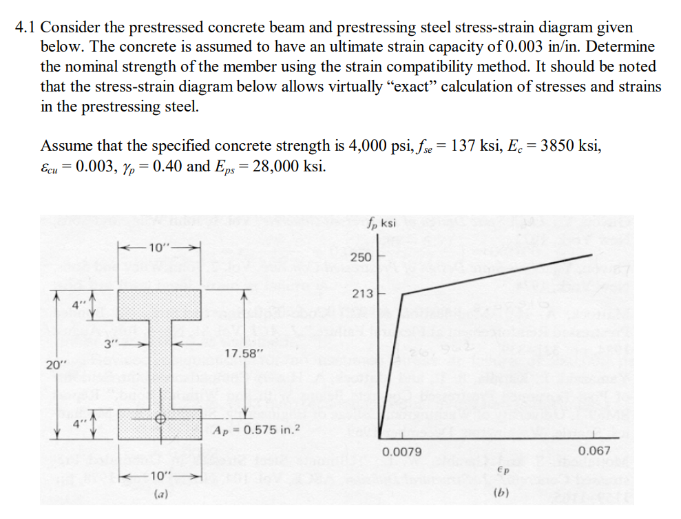 4.1 Consider the prestressed concrete beam and prestressing steel stress-strain diagram given
below. The concrete is assumed to have an ultimate strain capacity of 0.003 in/in. Determine
the nominal strength of the member using the strain compatibility method. It should be noted
that the stress-strain diagram below allows virtually "exact" calculation of stresses and strains
in the prestressing steel.
Assume that the specified concrete strength is 4,000 psi, fse = 137 ksi, Ec = 3850 ksi,
Ecu = 0.003, p = 0.40 and Eps = 28,000 ksi.
20"
4"
3"
-10"
O
-10"
(a)
17.58"
Ap = 0.575 in.2
fp ksi
250
213
0.0079
Ep
(b)
0.067