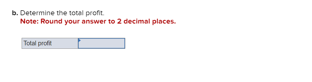 b. Determine the total profit.
Note: Round your answer to 2 decimal places.
Total profit