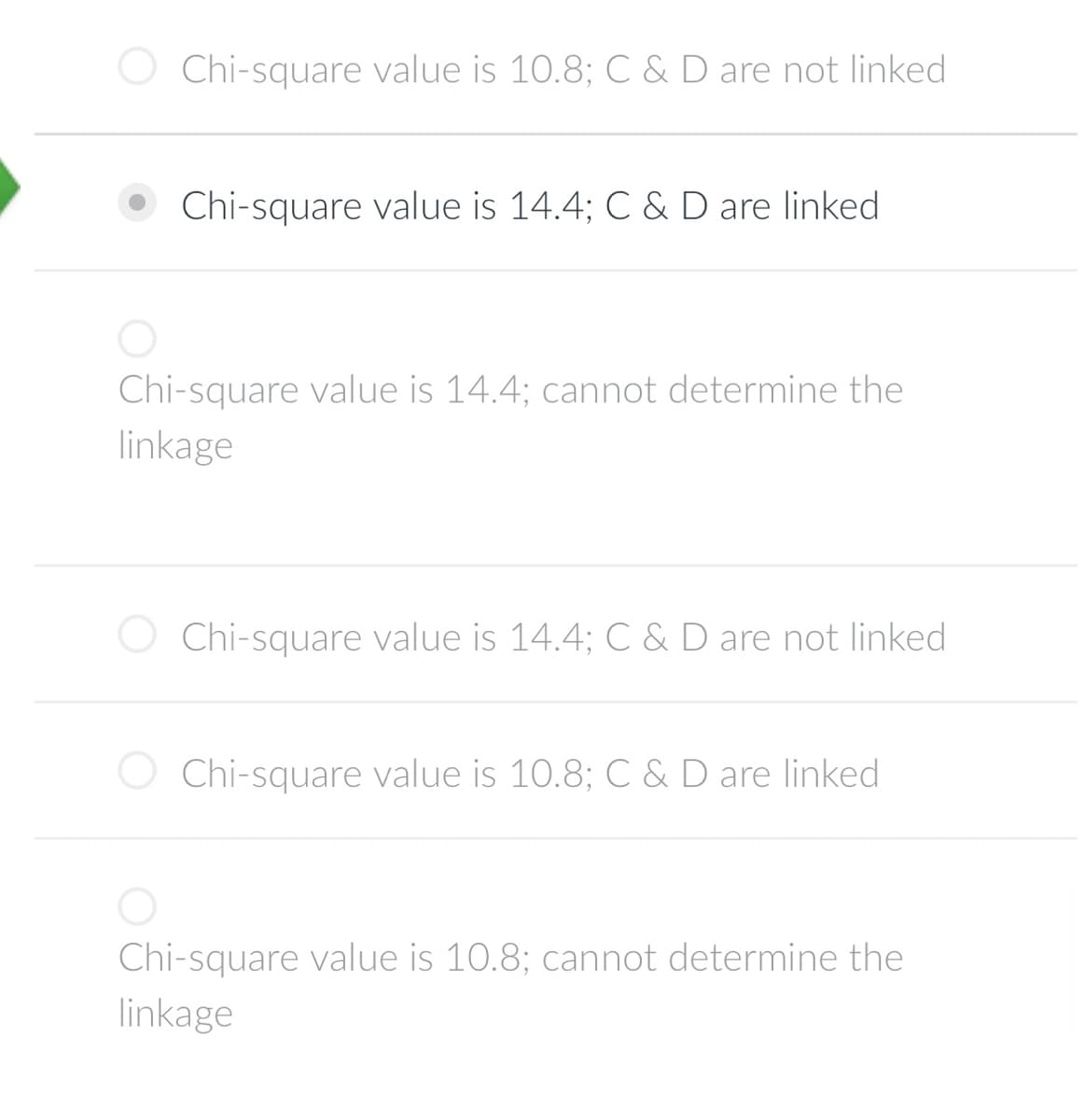 Chi-square value is 10.8; C & D are not linked
Chi-square value is 14.4; C & D are linked.
Chi-square value is 14.4; cannot determine the
linkage
Chi-square value is 14.4; C & D are not linked
Chi-square value is 10.8; C & D are linked
Chi-square value is 10.8; cannot determine the
linkage