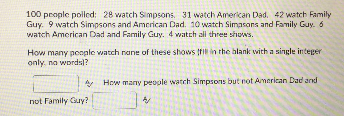 100 people polled: 28 watch Simpsons. 31 watch American Dad. 42 watch Family
Guy. 9 watch Simpsons and American Dad. 10 watch Simpsons and Family Guy. 6
watch American Dad and Family Guy. 4 watch all three shows.
How many people watch none of these shows (fill in the blank with a single integer
only, no words)?
A/
not Family Guy?
How many people watch Simpsons but not American Dad and
A/