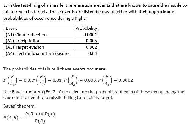 1. In the test-firing of a missile, there are some events that are known to cause the missile to
fail to reach its target. These events are listed below, together with their approximate
probabilities of occurrence during a flight:
Event
Probability
(A1) Cloud reflection
(A2) Precipitation
(A3) Target evasion
(A4) Electronic countermeasure
0.0001
0.005
0.002
0.04
The probabilities of failure if these events occur are:
F
F
G) = 0.3; P|
G) = 0.01; P |
이-)= 0.005; P
= 0.0002
Use Bayes' theorem (Eq. 2.10) to calculate the probability of each of these events being the
cause in the event of a missile failing to reach its target.
Bayes' theorem:
P(B|A) * P(A)
P(A|B) =
P(B)
