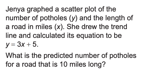 Jenya graphed a scatter plot of the
number of potholes (y) and the length of
a road in miles (x). She drew the trend
line and calculated its equation to be
у 3 3х + 5.
What is the predicted number of potholes
for a road that is 10 miles long?
