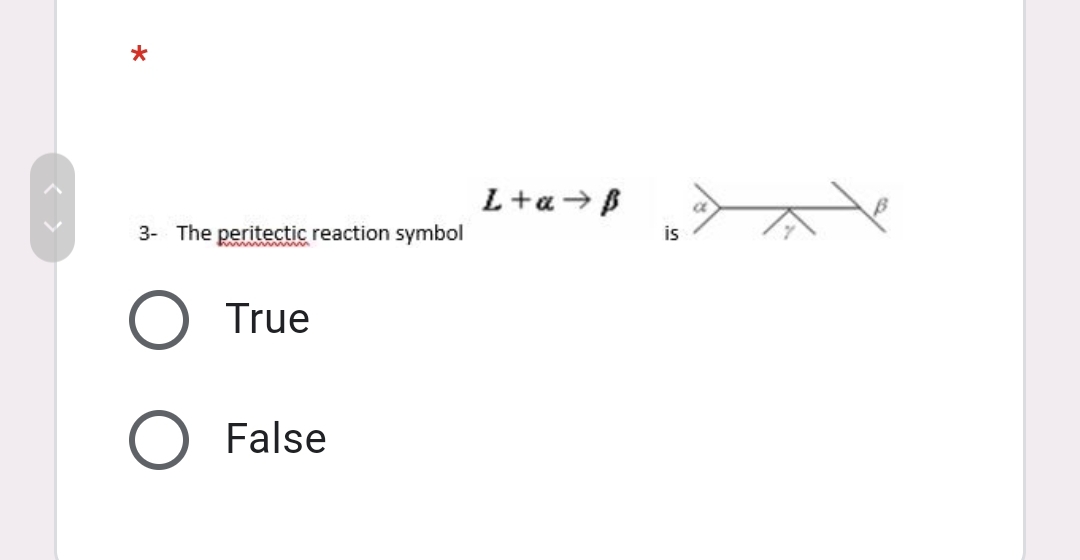 L+a → B
3- The peritectic reaction symbol
is
ww ww
True
False
