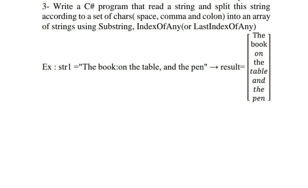3- Write a C# program that read a string and split this string
according to a set of chars( space, comma and colon) into an array
of strings using Substring, IndexOfAny(or LastIndexOfAny)
The
book
on
the
Ex : strl ="The book:on the table, and the pen" → result=
table
and
the
рeп
