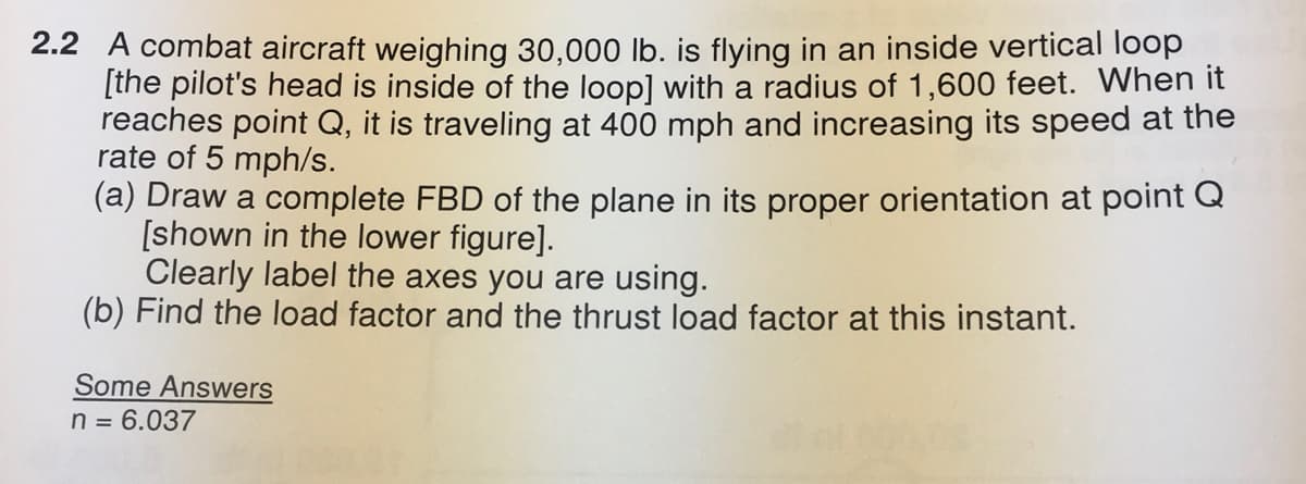 2.2 A combat aircraft weighing 30,000 lb. is flying in an inside vertical loop
[the pilot's head is inside of the loop] with a radius of 1,600 feet. When it
reaches point Q, it is traveling at 400 mph and increasing its speed at the
rate of 5 mph/s.
(a) Draw a complete FBD of the plane in its proper orientation at point Q
[shown in the lower figure].
Clearly label the axes you are using.
(b) Find the load factor and the thrust load factor at this instant.
Some Answers
n = 6.037
