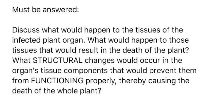 Must be answered:
Discuss what would happen to the tissues of the
infected plant organ. What would happen to those
tissues that would result in the death of the plant?
What STRUCTURAL changes would occur in the
organ's tissue components that would prevent them
from FUNCTIONING properly, thereby causing the
death of the whole plant?
