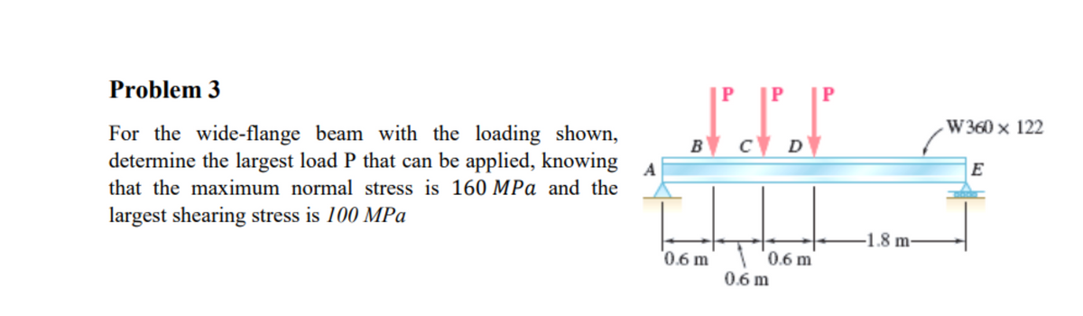 Problem 3
For the wide-flange beam with the loading shown,
determine the largest load P that can be applied, knowing
that the maximum normal stress is 160 MPa and the
largest shearing stress is 100 MPa
B C D
0.6 m
0.6 m
0.6 m
-1.8 m-
W 360 x 122
E