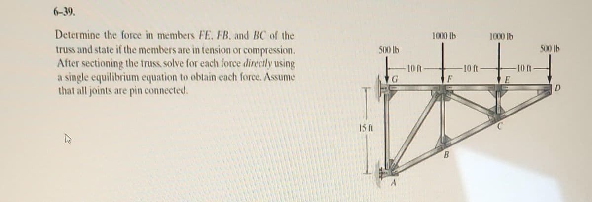 6-39.
Determine the force in members FE. FB, and BC of the
truss and state if the members are in tension or compression.
After sectioning the truss, solve for each force directly using
a single equilibrium equation to obtain each force. Assume
that all joints are pin connected.
15 ft
500 lb
-10 ft
1000 lb
B
-10 ft-
1000 lb
- 10 ft
500 lb
D