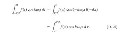 f(1) cos kant dt
f(x) cos (-konx)(-dx)
T/2
T/2
f(x) cos konx dx.
(16.20)
