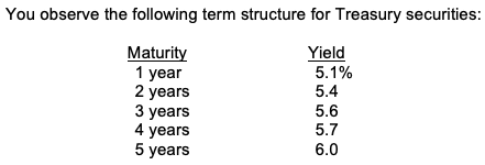You observe the following term structure for Treasury securities:
Maturity
1 year
2 years
3 years
4 years
5 years
Yield
5.1%
5.4
5.6
5.7
6.0
